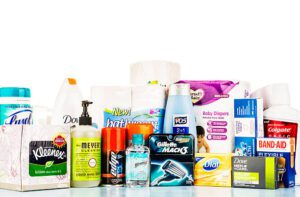 "Suffolk, Virginia, USA - November 3, 2012: A horizontal studio shot of an assortment of American manufacturers' toiletries and hygiene products. Shown in the image are: antibacterial wipes, tissues, liquid soap, shower wash, toilet paper, paper towel, razor heads, shaving gel, soap, shampoo, band aids, diapers, toothpaste and more. Shot against a white background."